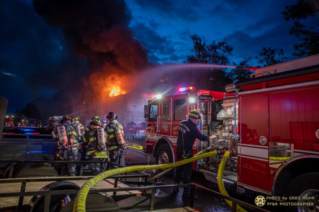 two alarm fire destroys commercial building in portland