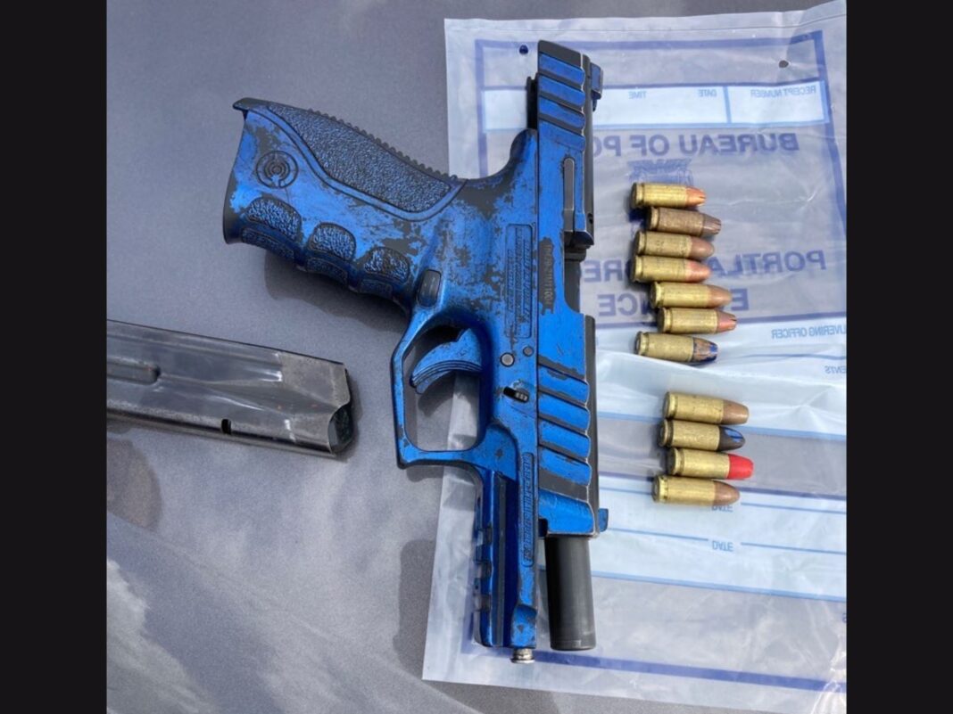 blue painted gun and bullets used in menacing incident