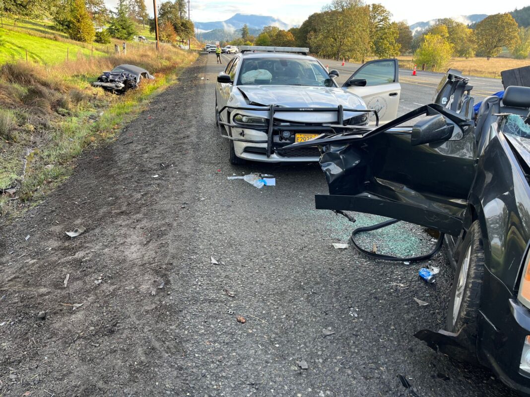 crash into Oregon state trooper during traffic stop, possibly impaired driving