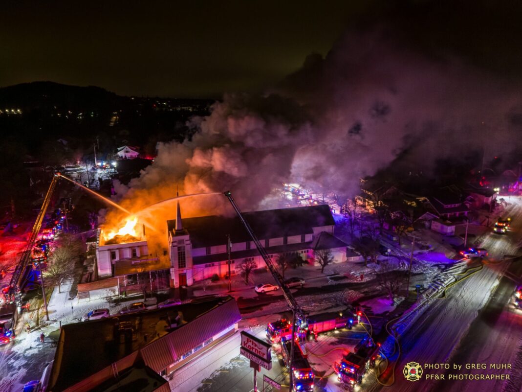 fire at church in early morning leaves two dead aerial photo